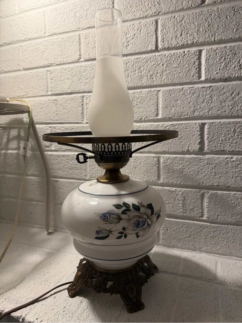 Vintage White Ceramic Lantern with Blue Rose Motif and Brass Accents
